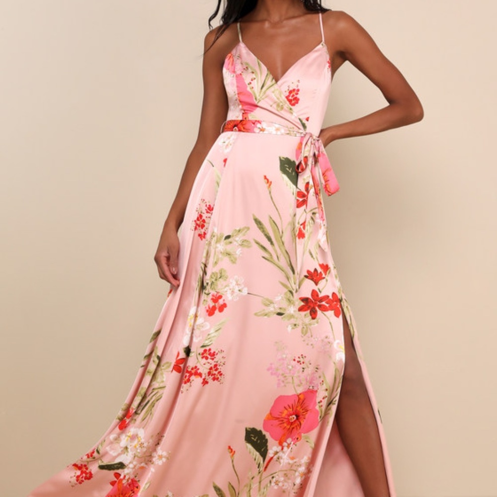 Lulus Still The One Blush Pink Floral Print Satin Maxi Dress - Size XS